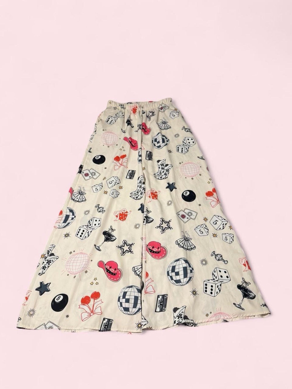 Jade by Jane Wide-Leg Cream Printed Western Pants with Pink & Black Motifs